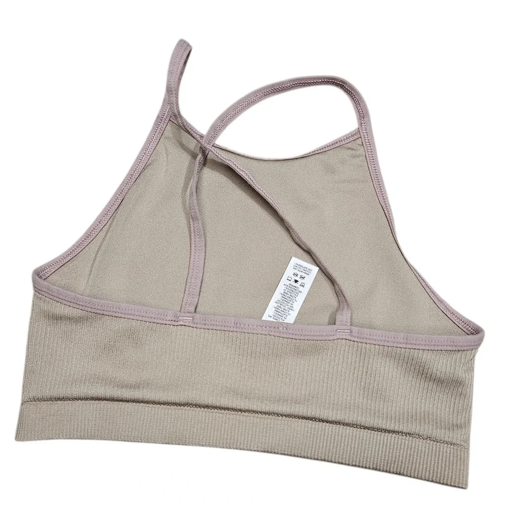 Nike Ribbed Sports Bra Tan Light‎ Support Racerback Crisscross Gym Size S